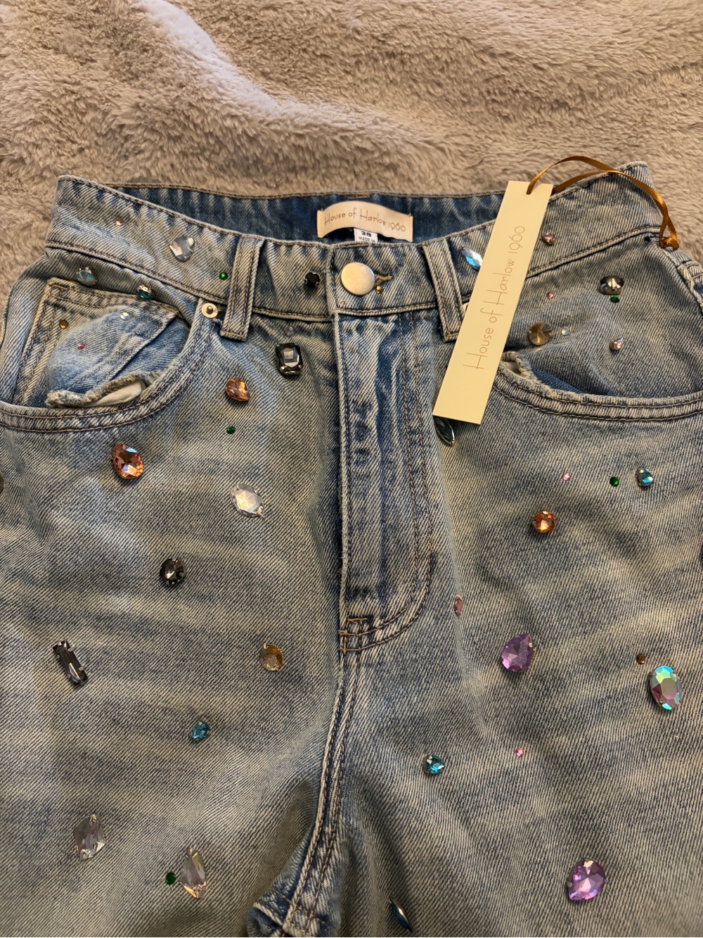 House of Harlow 1960 Light Blue Jeweled High-Rise Jeans